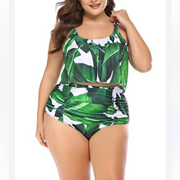 Avid Love | NWT Bikini Tummy Control 2 Piece High Waist Palm Leaf Swimsuit S - Picture 2 of 5
